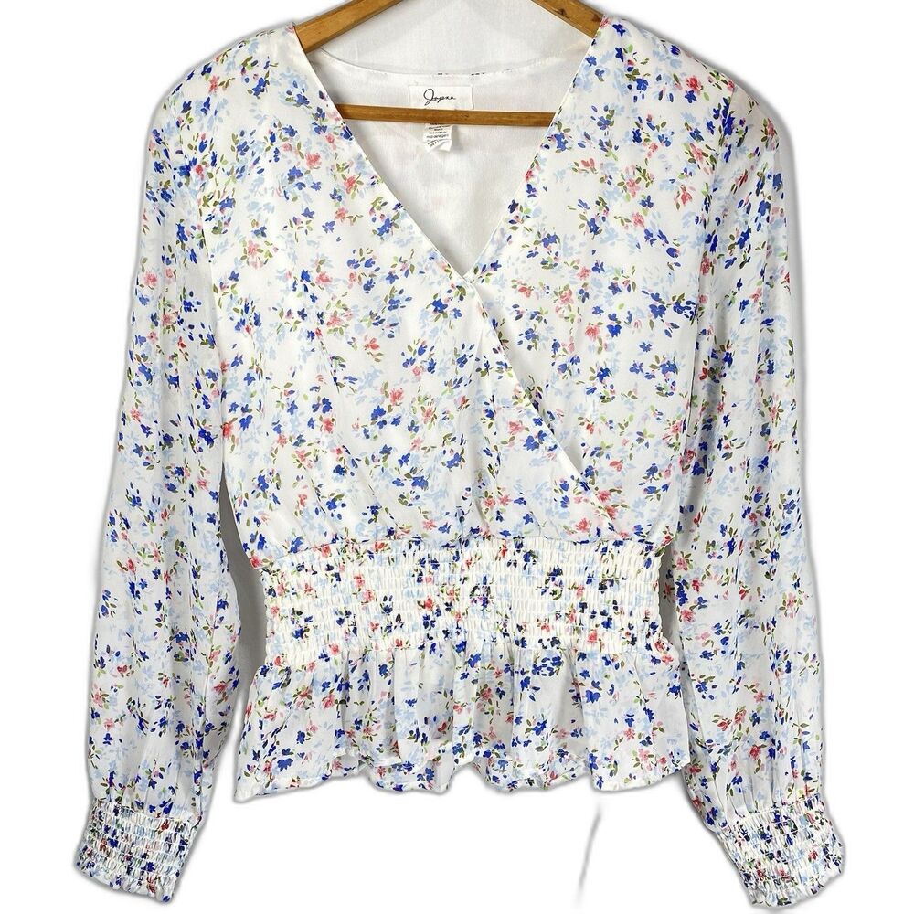 JAPNA Blouse Faux Wrap Smocked Floral Derby Feminine Coquette Womens M White